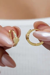925 Ayar Gümüş Gold Kaplama Kalp Detaylı 15 mm Halka Küpe - 1