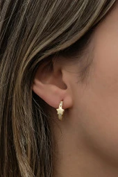 925 Ayar Gümüş Gold Kaplama Yıldız Detay 15 mm Halka Küpe thumbnail 2