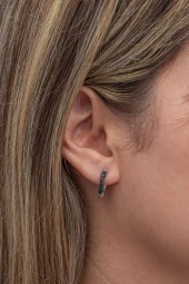 925 Ayar Gümüş Rodyum Kaplama Siyah Taşlı 15 mm Halka Küpe thumbnail 2