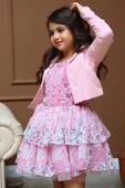Kız Çocuk Blazer Ceketli Çiçek Baskılı Katkat Tüllü Sıfır Kol Pembe Elbise thumbnail 3