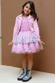 Kız Çocuk Blazer Ceketli Çiçek Baskılı Katkat Tüllü Sıfır Kol Pembe Elbise thumbnail 1