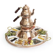 Shark Anatolia Tepsili Kahvaltı Çay Sunum Seti, El İşleme Klasik Bakır Çaydanlık, 12 Parça Porselen Tabak - 2