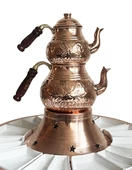 Shark Anatolia Tepsili Kahvaltı Çay Sunum Seti, El İşleme Klasik Bakır Çaydanlık, 12 Parça Porselen Tabak - 6