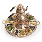 Shark Anatolia Tepsili Kahvaltı Çay Sunum Seti, El İşleme Klasik Bakır Çaydanlık, 12 Parça Porselen Tabak - 3