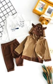 Neşeli Bebekler Kapüşonlu Hırkalı Armalı İki İp Kumaş Üçlü Takım Kahverengi thumbnail 3