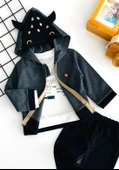 Neşeli Bebekler Kapüşonlu Hırkalı Armalı İki İp Kumaş Üçlü Takım Siyah thumbnail 2