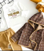 Neşeli Bebekler Kapüşonlu Önden Cepli Çıtçıtlı Hırkalı İki İp Kumaş Üçlü Takım Kahverengi thumbnail 4