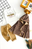 Neşeli Bebekler Kapüşonlu Önden Cepli Çıtçıtlı Hırkalı İki İp Kumaş Üçlü Takım Kahverengi thumbnail 3