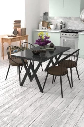 Evdemo  Eylül 4 Kişilik Mutfak Masası Takımı Siyah Mermer Desen Kahverengi thumbnail 1