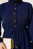 Önü Yarım Düğmeli Kat Kat Elbise Lacivert - 4