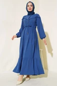 Önü Yarım Düğmeli Kat Kat Elbise İndigo thumbnail 2