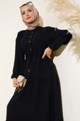 Önü Yarım Düğmeli Kat Kat Elbise Siyah thumbnail 2