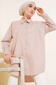 Önü Taş Detaylı Uzun Gömlek Latte thumbnail 1