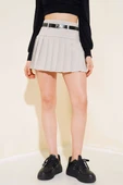 Kemerli Pileli Mini Şort Etek Bej thumbnail 1