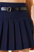 Kemerli Pileli Mini Şort Etek Lacivert - 4