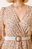 Çiçek Desenli Kemerli Elbise Bej thumbnail 4