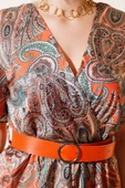 Etnik Desen Saten Elbise Yeşil Oranj thumbnail 4