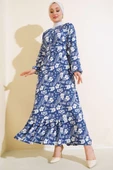 Çiçek Desenli Kuşaklı Kat Elbise İndigo thumbnail 1