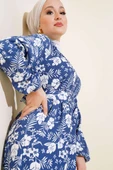 Çiçek Desenli Kuşaklı Kat Elbise İndigo thumbnail 2