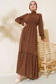 Yakası Fırfırlı Kuşaklı Elbise Kahve - 1