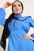 Nostaljik Yaka Kuşaklı Elbise Mavi - 2