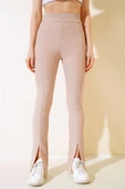 Paçası Yırtmaçlı Tayt Pantolon Camel - 2