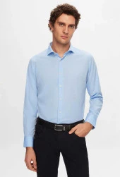 Dormen Classics Kolay Ütülenebilir Slim Fit Dar Kesim Klasik Yaka Cepsiz Erkek Gömlek Buz Mavi - 1