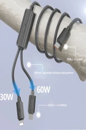 Qpen EC-IC01 1.2M Type-C to Type-C 60W ve Lightning 30W 2in1 PD Hızlı Şarj Kablosu thumbnail 4