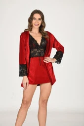 CLZ946 Kırmızı Kadife Sabahlık & Gecelik Takım 2' Li - 1