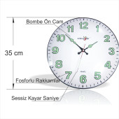 Yansıma Yapmayan Mat Beyaz Zemin Sessiz Kayar Saniye Fosforlu Gece Görünen 35 cm Camlı Duvar Saati thumbnail 6