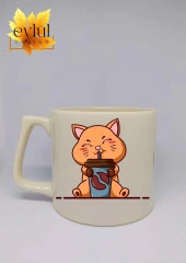 Krem Rengi Sevimli Kedi ve Kahve Özel Tasarım Lüks Seramik Kupa Bardak Latte Bardağı - 1