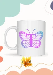T Harfi Pembe Kelebek Temalı Baskılı Özel Tasarım Renkli Baskılı Kupa Bardak Doğum Günü Hediyesi thumbnail 1