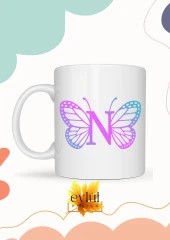 N Harfi Pembe Kelebek Temalı Baskılı Özel Tasarım Renkli Baskılı Kupa Bardak Doğum Günü Hediyesi thumbnail 1