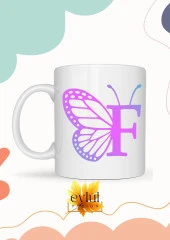 F Harfi Pembe Kelebek Temalı Baskılı Özel Tasarım Renkli Baskılı Kupa Bardak Doğum Günü Hediyesi thumbnail 1