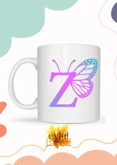 Z Harfi Pembe Kelebek Temalı Baskılı Özel Tasarım Renkli Baskılı Kupa Bardak Doğum Günü Hediyesi thumbnail 1