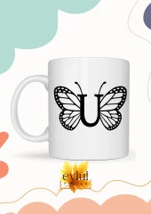 U Harfi Kelebek Temalı Baskılı Özel Tasarım Renkli Baskılı Kupa Bardak Doğum Günü Hediyesi thumbnail 1