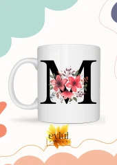 M Harfi Pembe Çiçekli Baskılı Özel Tasarım Renkli Baskılı Kupa Bardak Doğum Günü Hediyesi thumbnail 1