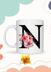 N Harfi Pembe Çiçekli Baskılı Özel Tasarım Renkli Baskılı Kupa Bardak Doğum Günü Hediyesi thumbnail 1