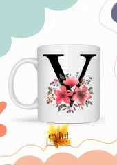 V Harfi Pembe Çiçekli Baskılı Özel Tasarım Renkli Baskılı Kupa Bardak Doğum Günü Hediyesi thumbnail 1