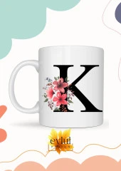 K Harfi Pembe Çiçekli Baskılı Özel Tasarım Renkli Baskılı Kupa Bardak Doğum Günü Hediyesi thumbnail 1