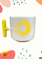 Sarı Renk Saplı Ayçiçek Baskılı Krem Renk T Saplı Özel Tasarım Baskılı Kupa Bardak - 1
