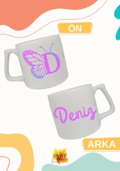 D Harfi Kelebekli Harf ve İsim Yazılı Çift Yön Baskılı Lüks Seramik Kupa Bardak Çay-kahve Bardağı thumbnail 1
