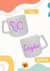 C Harfi Kelebekli Harf ve İsim Yazılı Çift Yön Baskılı Lüks Seramik Kupa Bardak Çay-kahve Bardağı thumbnail 1