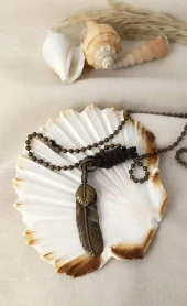 Kolye Tüy Deri Erkek Kadın Kolye Yaprak Takı Zincir Sarı Renk - 1