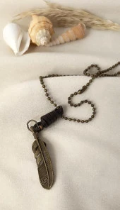 Kolye Tüy Deri Erkek Kadın Kolye Yaprak Takı Zincir Sarı Renk - 2