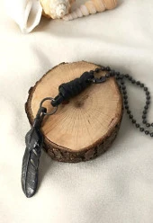 Tüy Deri Kolye Erkek Kadın Kolye Yaprak Takı Zincir Sarı Renk thumbnail 2