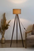 Rivaİstanbul Kahverengi Dokulu Silindir Başlık Ahşap Üç Ayaklı Lambader - 2