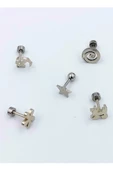 Renkli Taşlı Çelik 5 Adet Kaş Tragus Piercing - 1