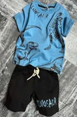 Erkek Çocuk Dinosaur Yazı ve Görsel Baskılı Suprem Mavi Tişört Şortlu Takım thumbnail 1