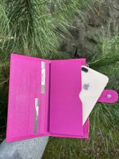 SANLINE Hakiki Deri Telefon Bölmeli Kadın Cüzdan - El Portföyü Fuşya - 2